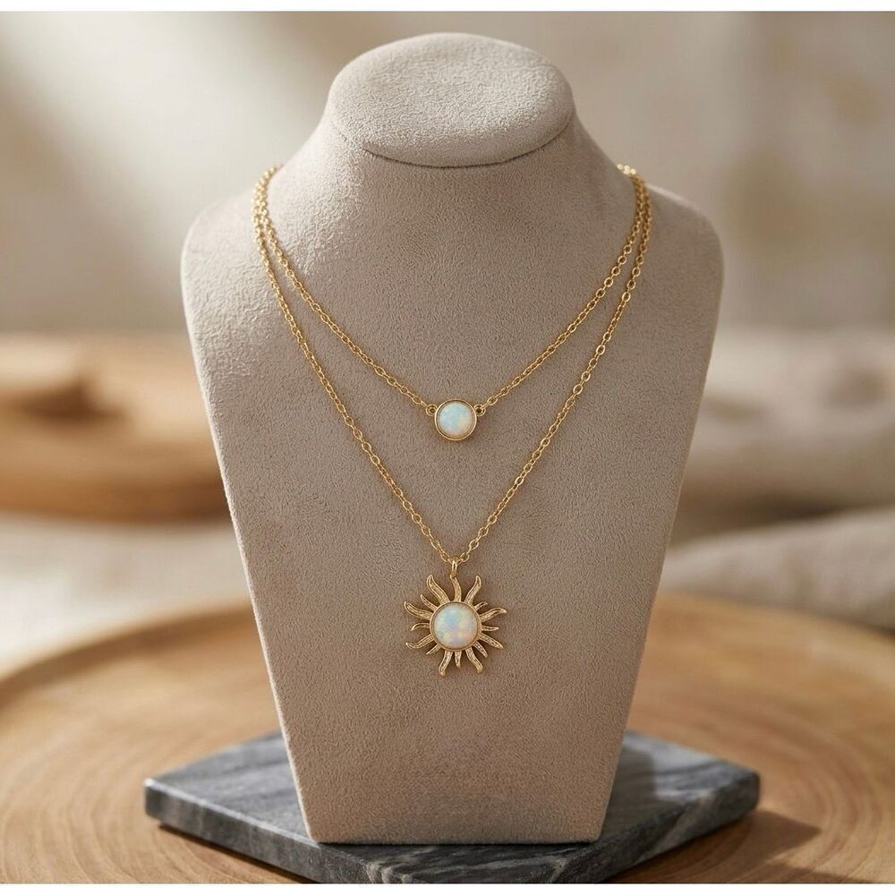 Sun And Moon Opal Double Layer Necklace Womens Pendant Jewelry Brand New